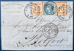 ALSACE LORRAINE Lettre Mixte N°5 X2 Oblit CAD Allemand STRASSBURG IM ELSSAS 1 7 1871 Pour BELFORT + N°29I - Covers & Documents