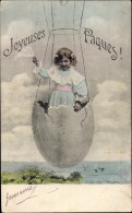 CPA Glückwunsch Ostern, Mädchen Im Ei, Ballon, Flug - Pâques