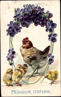 CPA Glückwunsch Ostern, Küken, Henne, Veilchen - Pâques