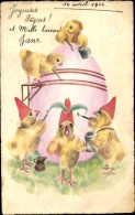Lithographie Glückwunsch Ostern, Küken Bemalen Ein Osterei - Easter