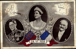 CPA King George VI., Elizabeth Bowes Lyon, Präsident Albert Lebrun, 28.6.1938, London, Paris - Familles Royales