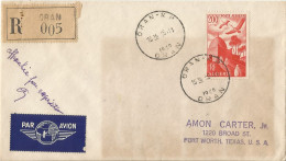 FRENCH ALGERIA - 200 FRANCS (Yv. #PA11 ALONE) FRANKING ON AIR MAILED REGISTERED LETTER SENT FROM ORAN TO THE USA -1949 - Brieven En Documenten
