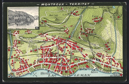 AK Montreux-Territet, Karte Der Stadt Am Lac Léman, Hotel Des Alpes  - Montreux