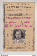 Fixe France SNCF Carte De Travail Tickets 3 ème Classe Nice Riquier Monte Carlo 6 Janvier 1953 - Europa
