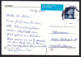 UK: Airmail Picture Postcard To Germany, 2000, 1 Stamp, Queen, Machin, E-rate, Air Label, Card: London (traces Of Use) - Brieven En Documenten