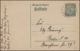 Bayern P 98I/01 Gr. Krone 7 1/2 Pf DV 16: AUGSBURG 2.B.P. - 28.2.17 Nach Berlin - Enteros Postales