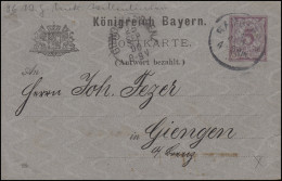 Bayern P36/02 Ziffer 5 Pf Lila DV 89 Antwort: BAMBERG 24.9.90 Nach Giengen - Postal  Stationery