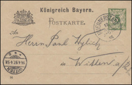 Bayern Postkarte Ziffer 5 Pf Grün DV 96: MÜNNERSTADT 1.4.96 Nach Witten 14.4.97 - Postal  Stationery