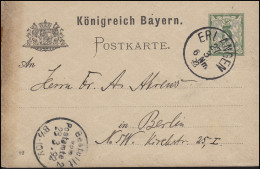 Bayern Postkarte Ziffer 5 Pf Grün DV 92: ERLANGEN 27.3.92 Nach Berlin 28.3.92 - Postwaardestukken