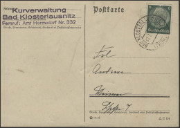Hindenburg 6 Pf EF Postkarte Kurverwaltung Bad Klosterlausnitz 30.7.41 - Brieven En Documenten