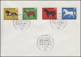 578-581 Pferde Pony Kaltblut Warmblut Vollblut, Satz Blanko-FDC ESSt Bonn 6.2.69 - Horses