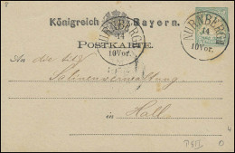 Bayern Postkarte Wappen 5 Pfennig NÜRNBERG 14.8.77 Nach Hall / Salinenverwaltung - Postwaardestukken