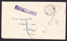 UK: Cover, 1955, No Stamp, Returned, Retour Cancel Unknown At Lincoln, Cancel Nettleham, From Bank (minor Damage) - Covers & Documents