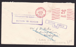 UK: Cover, 1956, Meter Cancel, Returned, Retour Cancel Gone Away, From Lincoln Savings Bank (minor Damage) - Brieven En Documenten