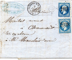 Aube - Dvt++ De L Affr N° 22x2 Obl GC 1038 Tàd Type 15 Clairvaux-s-Aube - 1849-1876: Période Classique