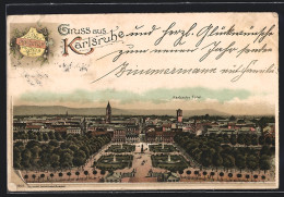Lithographie Karlsruhe, Gesamtansicht Aus Der Vogelschau  - Karlsruhe