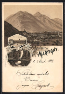 Lithographie Martigny, Les Gorges Du Durnand, Pont Sur La Dranse, Ortsansicht Mit Gebirgspanorama  - Martigny