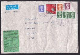 UK: Parcel Fragment (cut-out) To USA, 1996, 7 Stamps, Queen, Machin, Car, 1.37 Rate, CN22 Customs Label (minor Damage) - Lettres & Documents