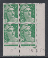 France N° 884 XX  Marianne  Gandon  6 F. Vert En Bloc De 4 Coin Daté Du 16 . 4 . 51 , 3  Points Blancs Sans Cha., TB - 1940-1949