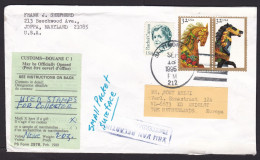 USA: Cover To Netherlands, 1995, 3 Stamps, Horse, Rachel Carson, C1 Label, Customs Control Cancel (minor Damage) - Brieven En Documenten