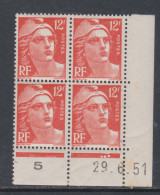 France N° 885 XX  Marianne  Gandon 12 F. Orange En Bloc De 4 Coin Daté Du 29 . 6 . 51 , 3  Points Blancs Sans Cha., T - 1940-1949