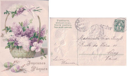 Joyeuses Pâques, Panier De Lilas, Litho Gaufrée + Cachet Linéaire GENÈVE (15.4.1906) - Pâques