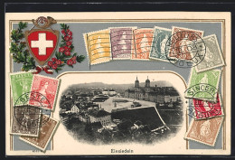 Passepartout-AK Einsiedeln, Panorama Und Schweizer Briefmarken  - Einsiedeln