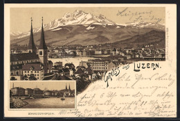 Lithographie Luzern, Totalansicht Und Schweizerhofquai  - Lucerne
