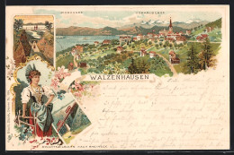 Lithographie Walzenhausen, Drahtseilbahn Nach Rheineck, Frau In Tracht, Ortsansicht Mit Bodensee Und Den Vorarlbergen  - Walzenhausen