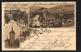 Lithographie Baden, Ortsansicht Mit Flusss Und Brücke, Kurhaus  - Baden