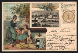 Lithographie Aarau, Kakao Suchard, Panorama, Damen In Tracht, Wappen  - Aarau