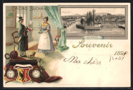 Lithographie Geneve-Genf, Ortspartie Von Oben, Wappen, Taschenuhr, Reklame Für Cacao Suchard  - Autres & Non Classés