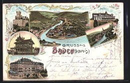 Lithographie Baden, Grand Hotel, Restaurant Chatet Berna, Casino  - Baden