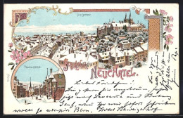 Winter-Lithographie Neuchatel, Place Du Marché, Teilansicht Mit Schloss  - Other & Unclassified