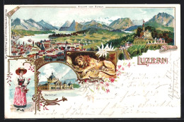 Lithographie Luzern, Ortsansicht Vom Gütsch Mit Alpenpanorama, Bahnhof, Frau In Tracht  - Lucerne