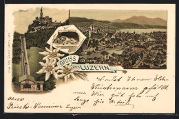 Lithographie Luzern, Löwendenkmal, Gütsch Mit Bergbahn, 1894  - Luzern