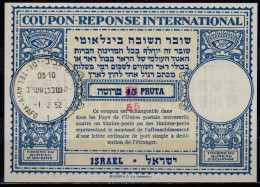 ISRAEL  Lo15  55 / 45 PRUTA International Reply Coupon Reponse Antwortschein IRC IAS  Bale 002 O TEL AVIV 01.02.52 FD! - Covers & Documents