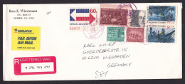 USA: Registered Airmail Cover To Germany, 1993, 7 Stamps, History, Special Delivery, Worldpost Air Label (minor Damage) - Covers & Documents