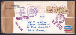 USA: Registered Airmail Cover To Germany, 1979, 3 Stamps & Meter Cancel, Customs Control Cancel (damaged, Discolouring) - Storia Postale