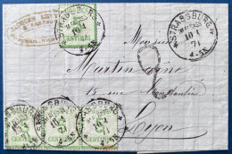 ALSACE LORRAINE Lettre N°4 Bde De 3 +1 Oblit CAD Allemand STRASSBURG IM ELSSAS 10 1 1871 Pour LYON + Taxe 2 TTB - Brieven En Documenten
