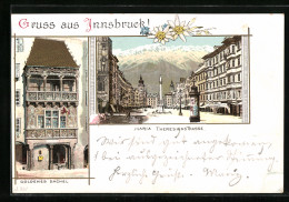 Lithographie Innsbruck, Prunkerker Goldenes Dachel, Maria Theresienstrasse Mit Denkmal  - Autres & Non Classés