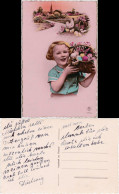 Ansichtskarte  2-Bild: Ostergrüße - Mädchen Mit Korb Und Dorfpanorama 1955 - Easter