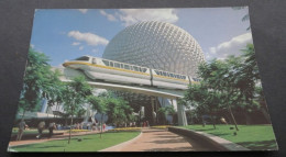 Future World - A Sleek Monorail Circles Spaceship Earth. - Epcot Center, Walt Disney World - 1982 Disney - Disneyworld