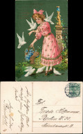Ansichtskarte  Präge-Goldkarte Mädchen Und Tauben 1912 Goldrand - Portraits