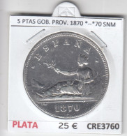 CRE3760 MONEDA ESPAÑA 5 PESETAS GOB. PROVISIONAL 1870 *--*70 SNM PLATA MBC - Sonstige & Ohne Zuordnung