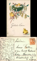 Grußkarten: Ostern / Oster-Karten - Küken, Nest, Weidenkätzchen 1913 Prägekarte - Pâques