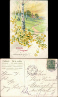  Glückwunsch: Pfingsten - Birken Und Bauernhaus - Zeichnung 1909 Prägekarte - Pfingsten