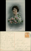  Glückwunsch/Grußkarten: Geburtstag Silberpräge AK Frau Blumen 1917 Silberrand - Anniversaire