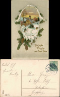 Neujahr/Sylvester Tannenzweige Landschaft Goldprägekarte 1912 Goldrand - Nouvel An