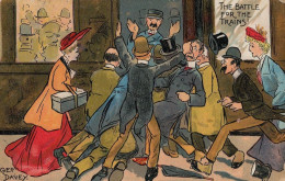 Rush Hour Battle For The Trains Station Disaster Old Comic Postcard - Humour
